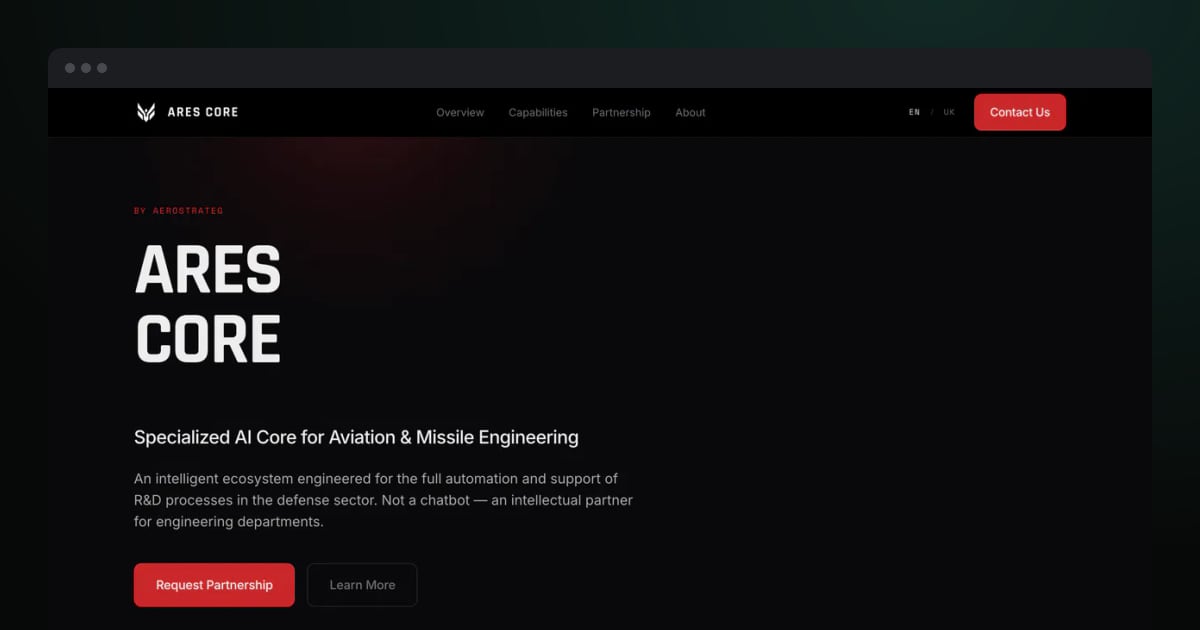 Ares Core website — bilingual product site for an aerospace engineering AI core by AEROSTRATEG