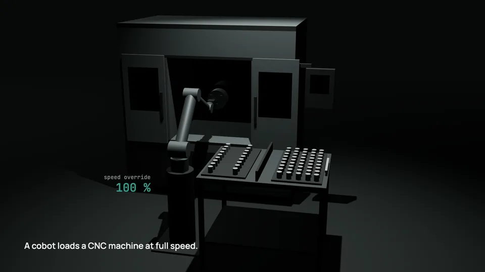 A cobot loads a CNC machine from a two-position part drawer at full speed, speed override 100%.
