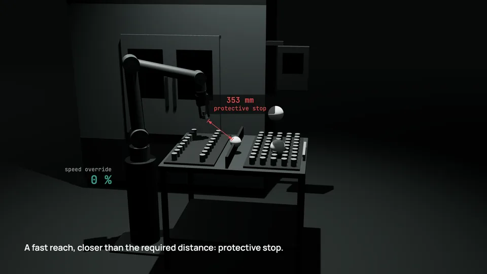 A fast reach brings the robot closer than the required distance: 353 mm, protective stop, speed override 0%.