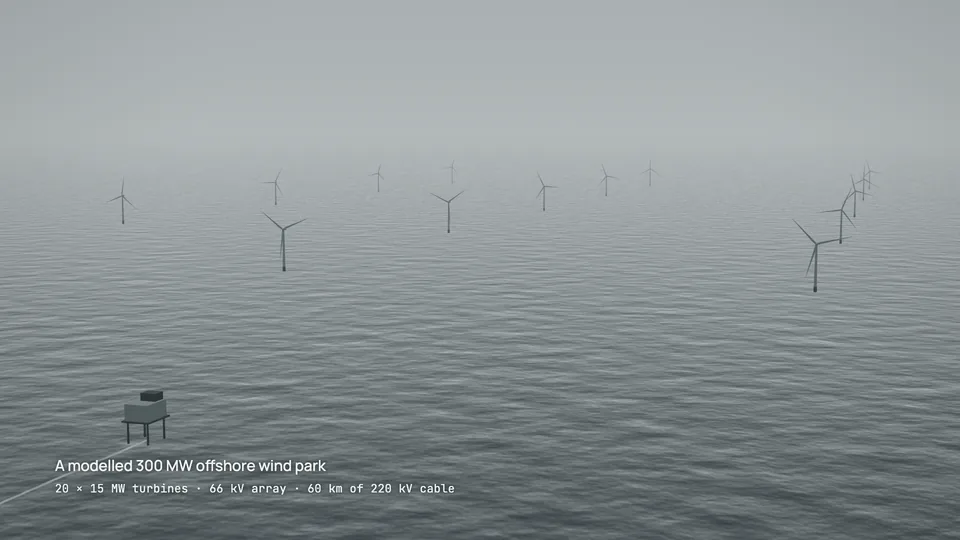 Ein modellierter 300-MW-Offshore-Windpark auf See: 20 Windenergieanlagen und das Offshore-Umspannwerk.