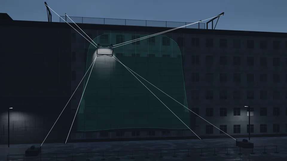 Windstille: das Element am Feld in 16,8 m Höhe, mit der gesamten Fläche, in der die Seile es halten können (83,8 % der Fassade).