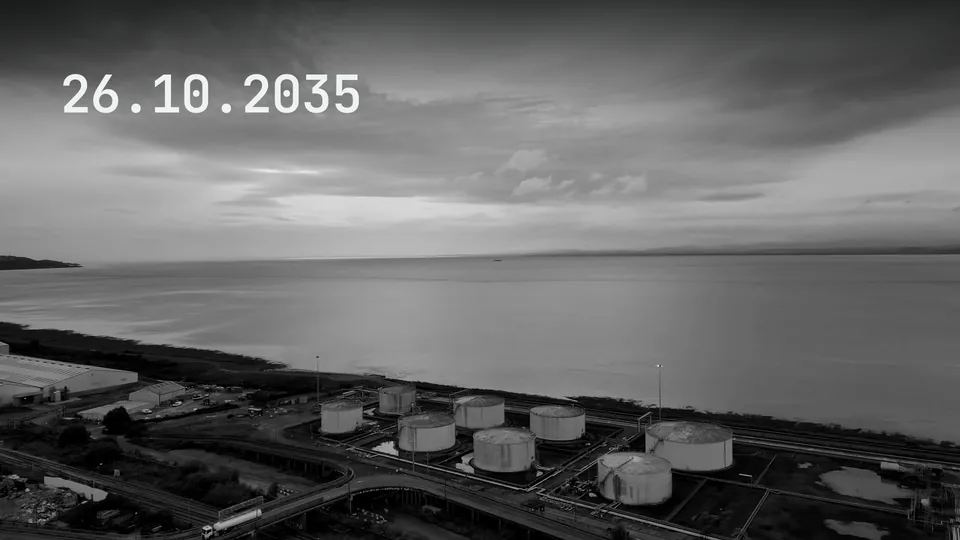Data 26.10.2035 na tle nadmorskiego zakładu przemysłowego ze zbiornikami magazynowymi.