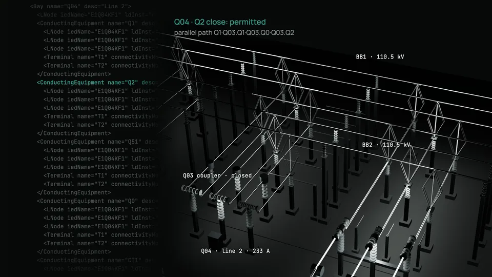 Mid-transfer: closing Q2 on line 2 is permitted through the parallel path over the bus coupler, and Q04 sits on both busbars.