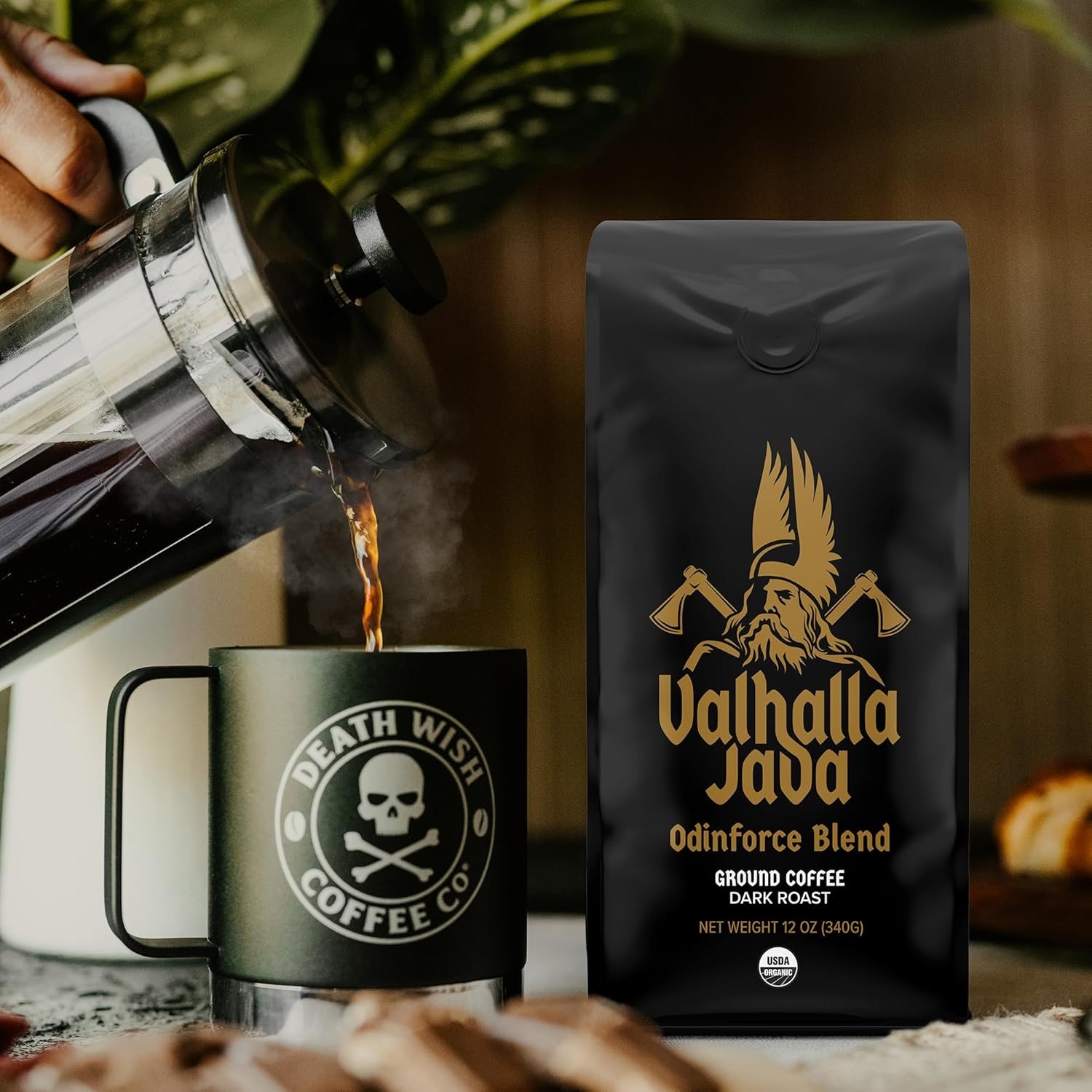 Valhalla Java Odinforce Blend poured from a French press into a Death Wish mug