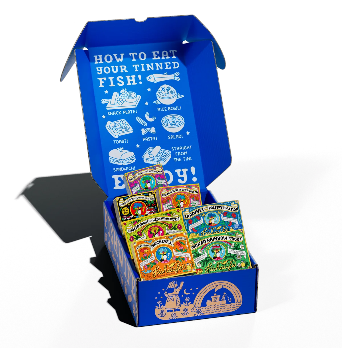 The Fishwife bundle box, open, filled with tins